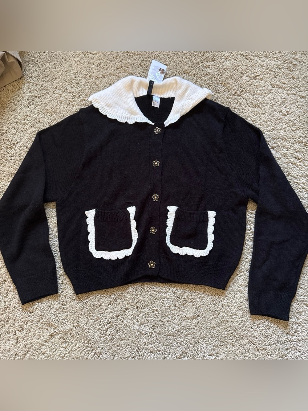 H&M Black Knit Cardigan with White Scalloped Collar and Pocket Trim